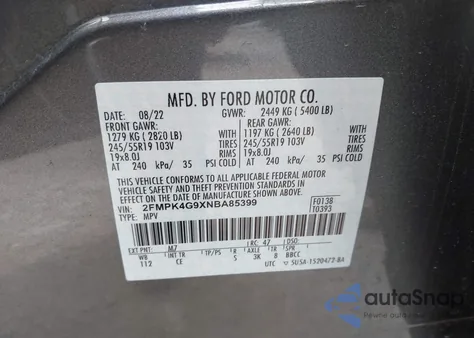 2022 Ford Edge Se из США, поврежденный, VIN 2FMPK4G9XNBA85399